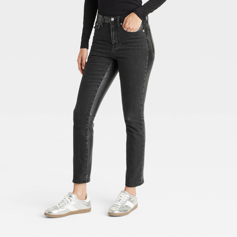 Universal Thread Mid Rise 80s Slim Faux Leather Jeans 8 New Black Mixed Media